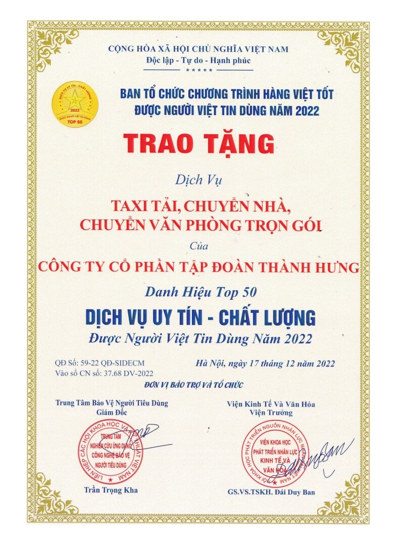 Taxi tải Thành Hưng đạt “Top 50 Thương Hiệu Nổi Tiếng Đất Việt” và “Top 50 Dịch Vụ Uy Tín – Chất Lượng Được Người Việt Tin Dùng” năm 2022