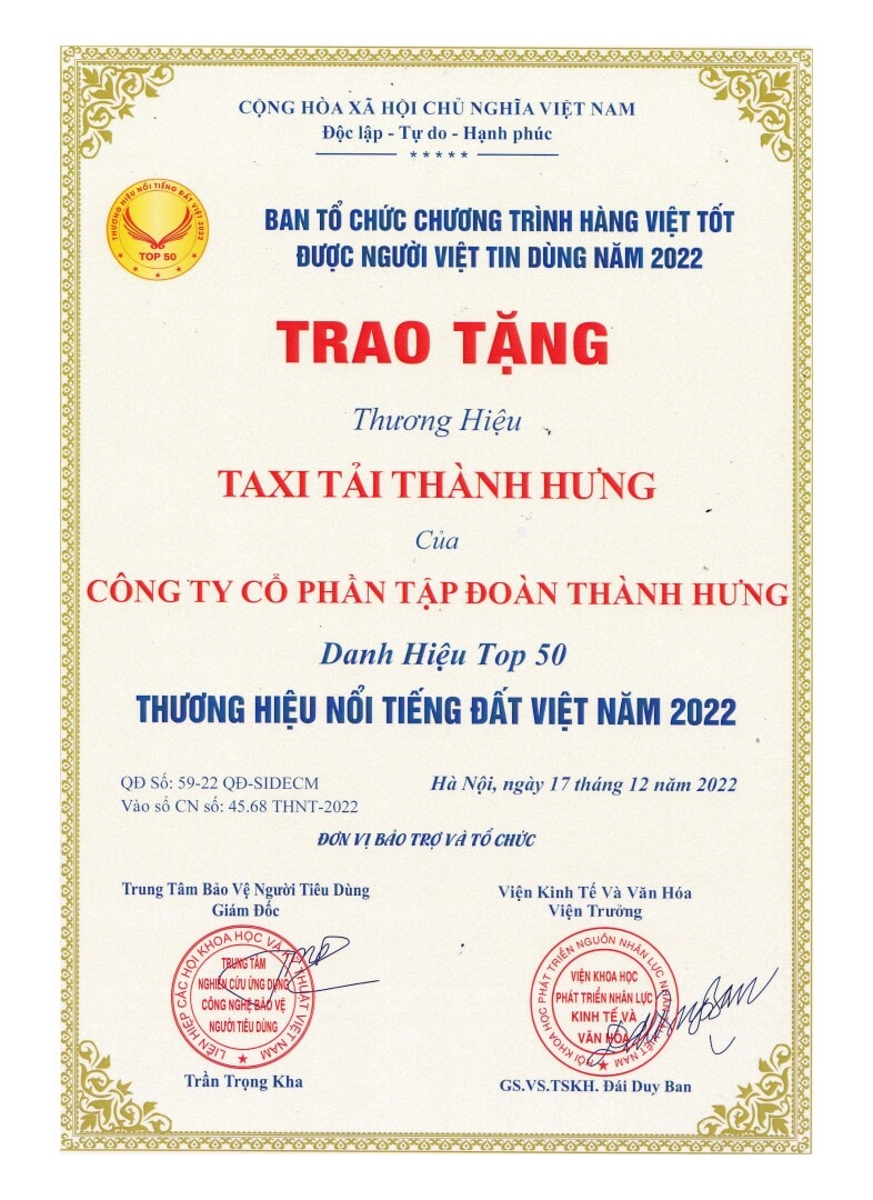 Taxi tải Thành Hưng đạt “Top 50 Thương Hiệu Nổi Tiếng Đất Việt” và “Top 50 Dịch Vụ Uy Tín – Chất Lượng Được Người Việt Tin Dùng” năm 2022